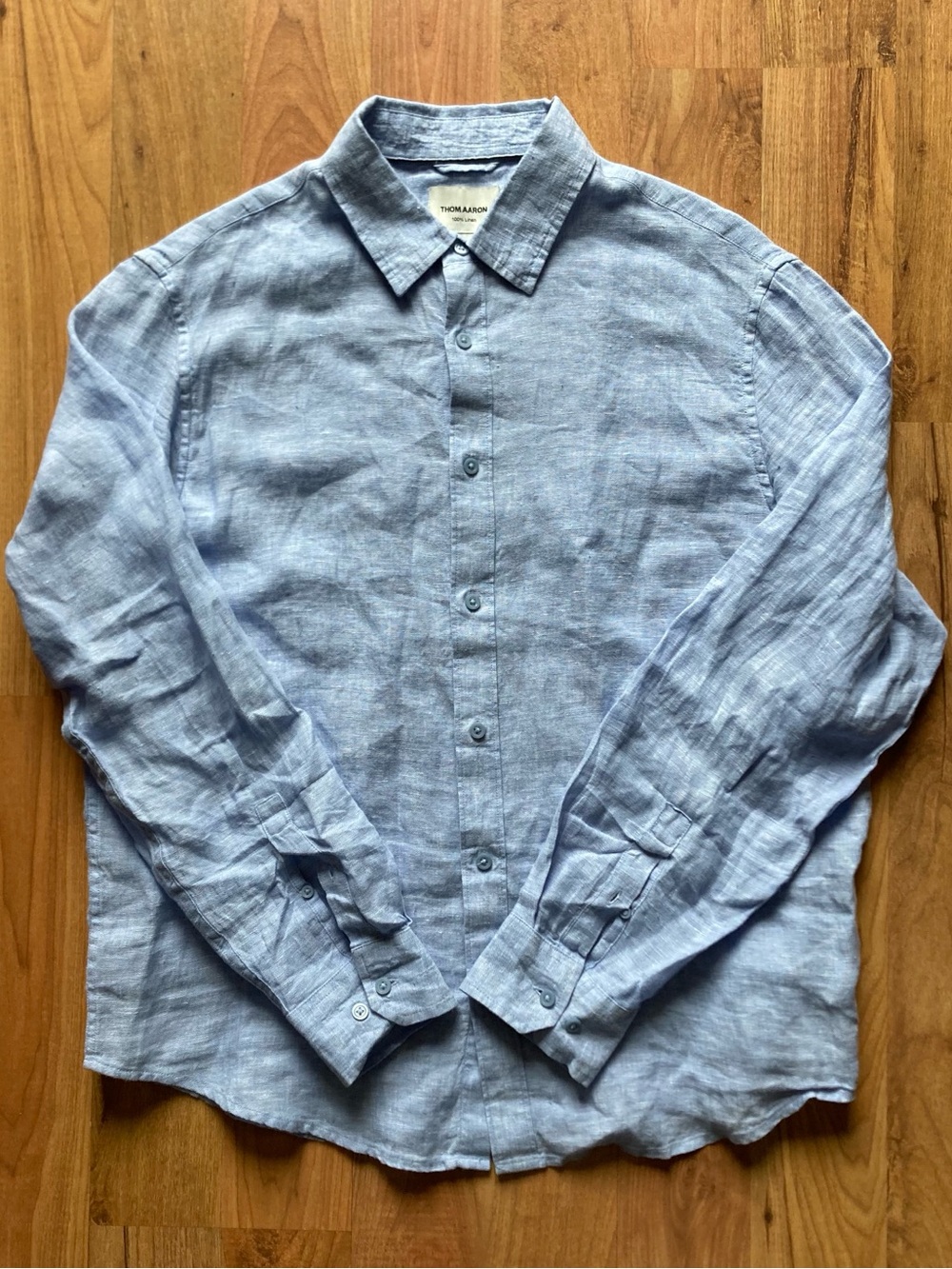 Thom Aaron 100% Linen Long Sleeve Blue Mens Large Button Down Shirt